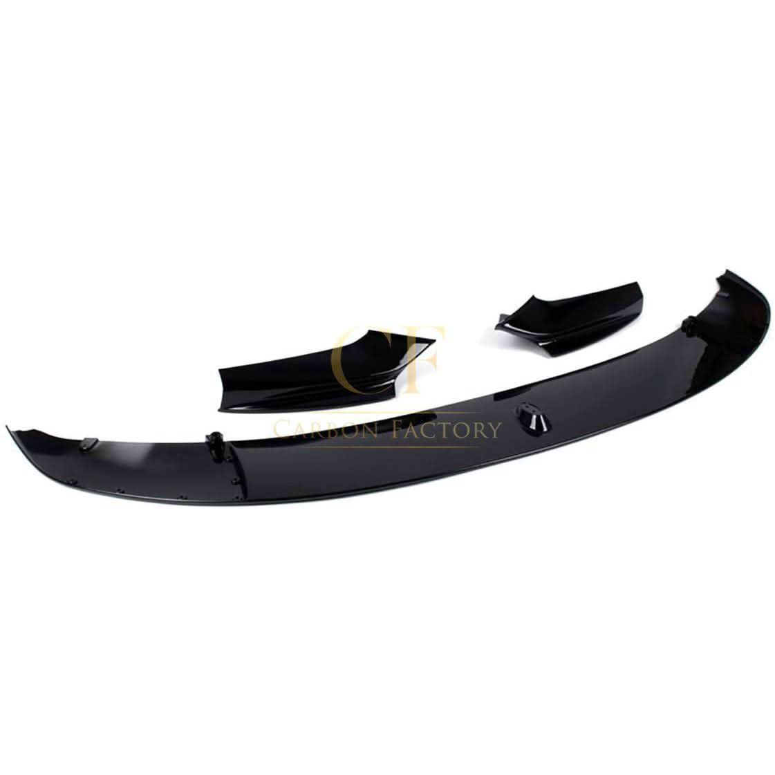Gloss black MP Style front splitter for BMW F10 F11 5 Series 2010-2017, showing the sleek aerodynamic design and fitment details.