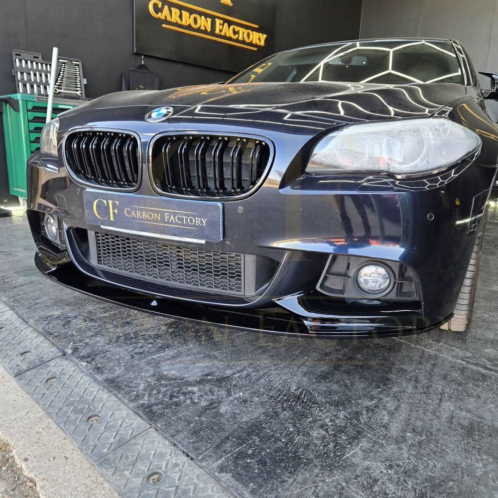 Gloss black MP Style front splitter for BMW F10 F11 5 Series 2010-2017, featuring aerodynamic design and durable construction.