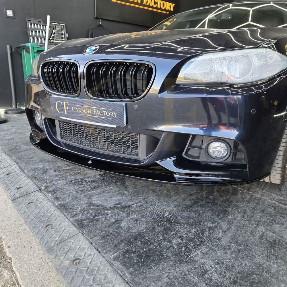 Gloss black MP Style front splitter for BMW F10 F11 5 Series 2010-2017, showcasing the sleek aerodynamic design for the vehicle.