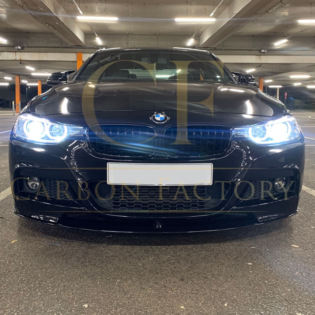 Gloss black front splitter for BMW F30 F31 3 Series M Sport, enhancing sporty appearance and aerodynamic performance.