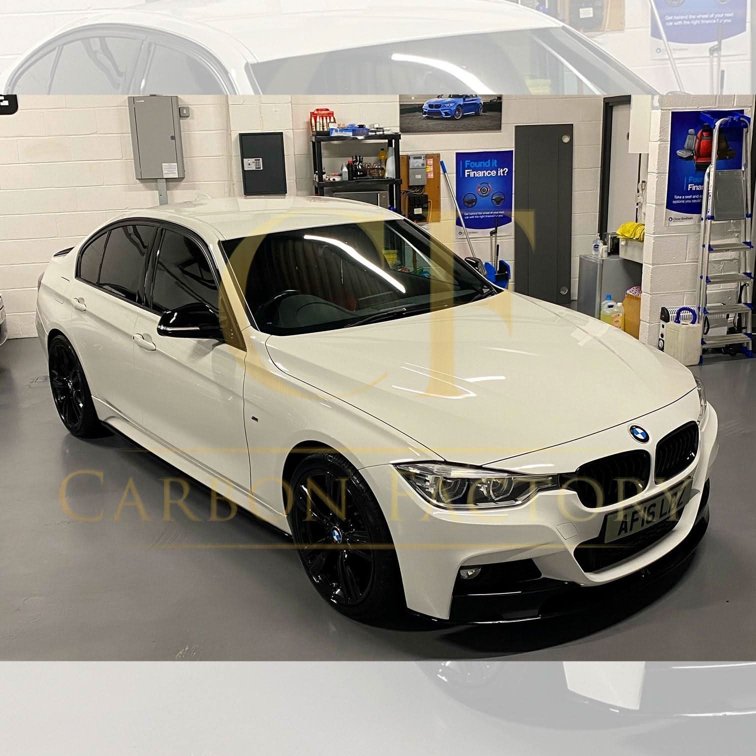 Gloss black front splitter for BMW F30 F31 3 Series M Sport, enhances sporty look and aerodynamics, fits 2012-2019 models.