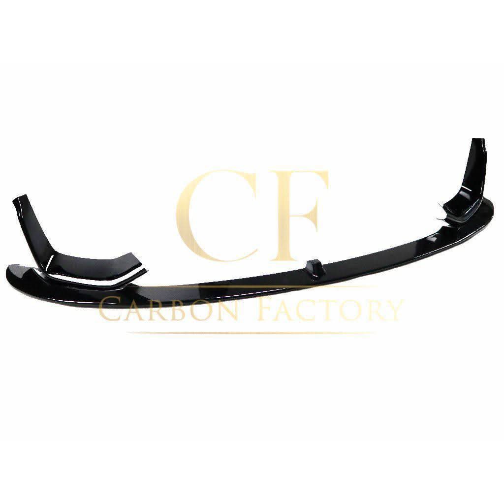Gloss black MP Style front splitter for BMW F80 M3, F82 F83 M4 models from 2014 to 2020, showcasing its aerodynamic design.