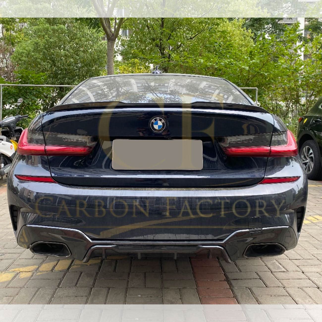 Gloss black M3-style boot spoiler for BMW G20 3 Series G80 M3, showcasing sleek aerodynamic design and fitment details.