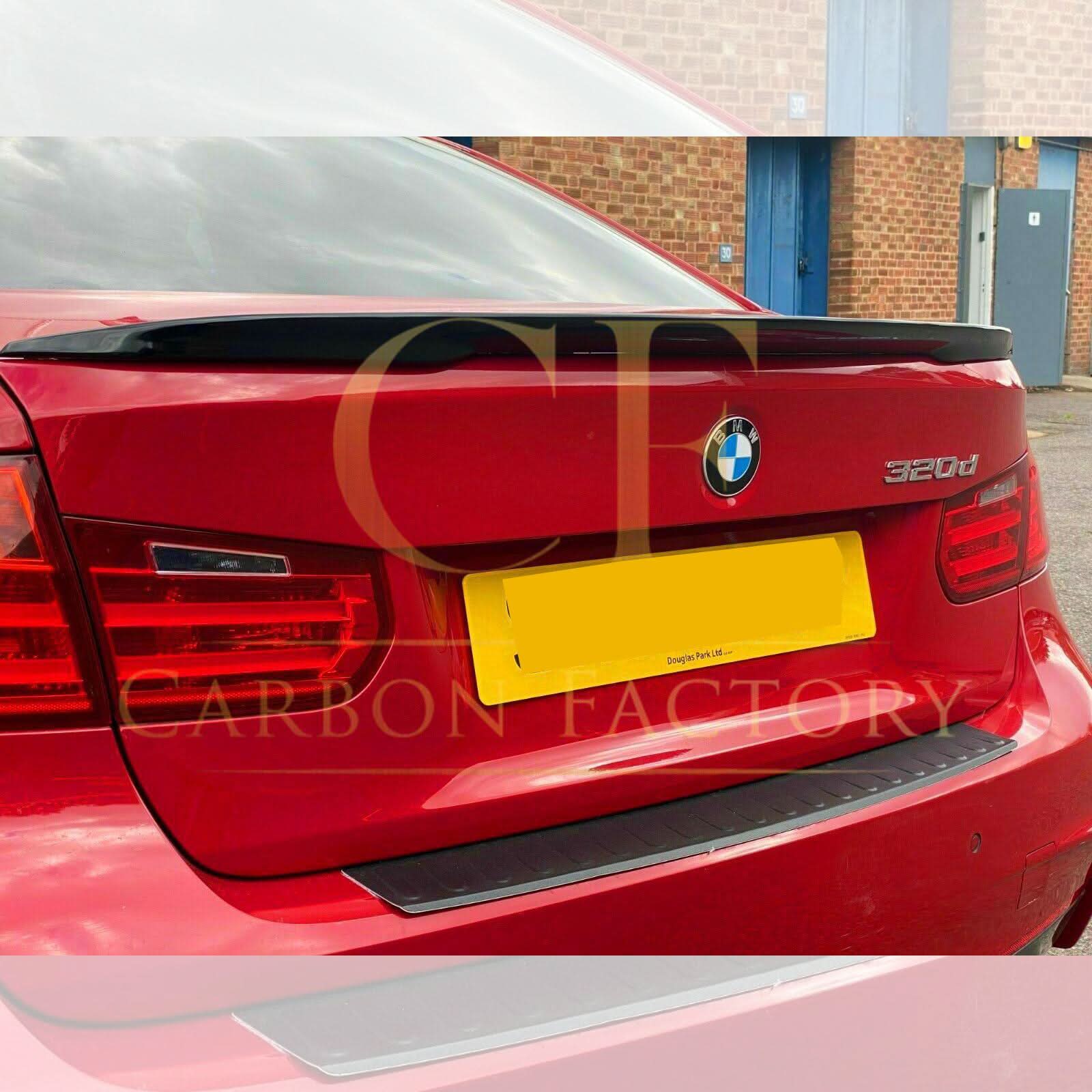 Gloss black MP Style boot spoiler for BMW 3 Series F30 F80 Saloon, including M3 models, enhances sporty appearance.
