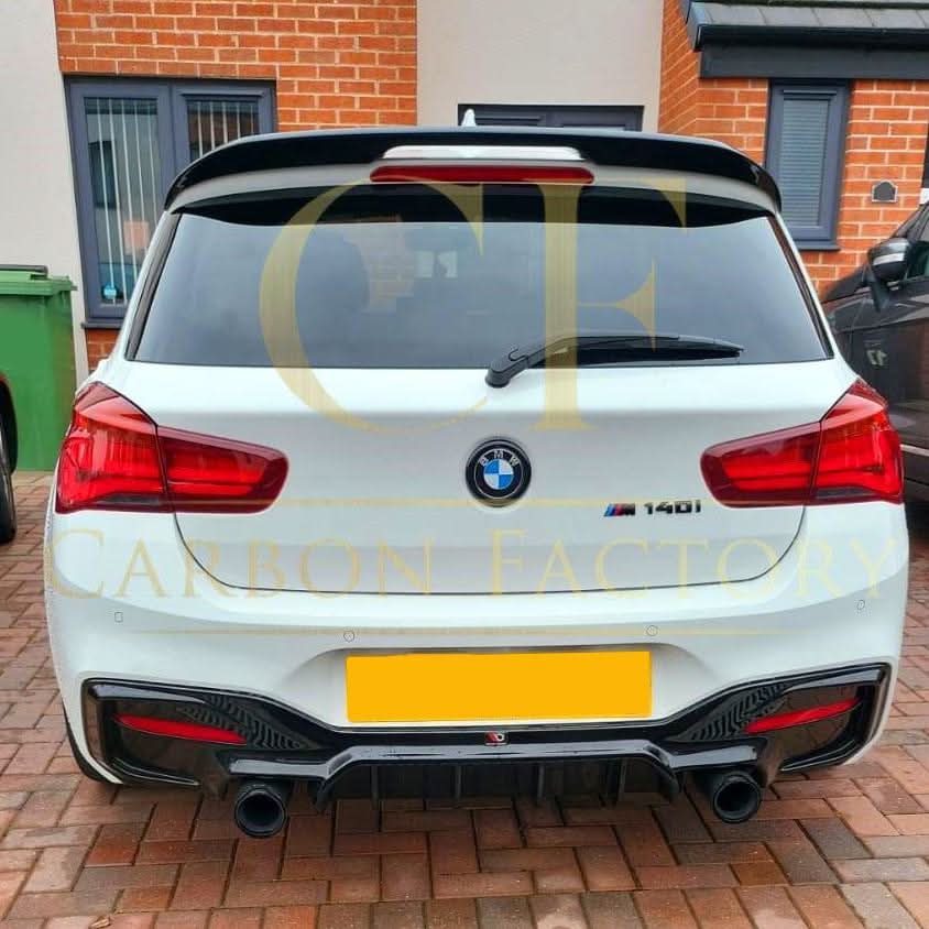 Gloss black roof spoiler for BMW F20 F21 1 Series, MP Style, installed on the car's rear roof for sporty enhancement