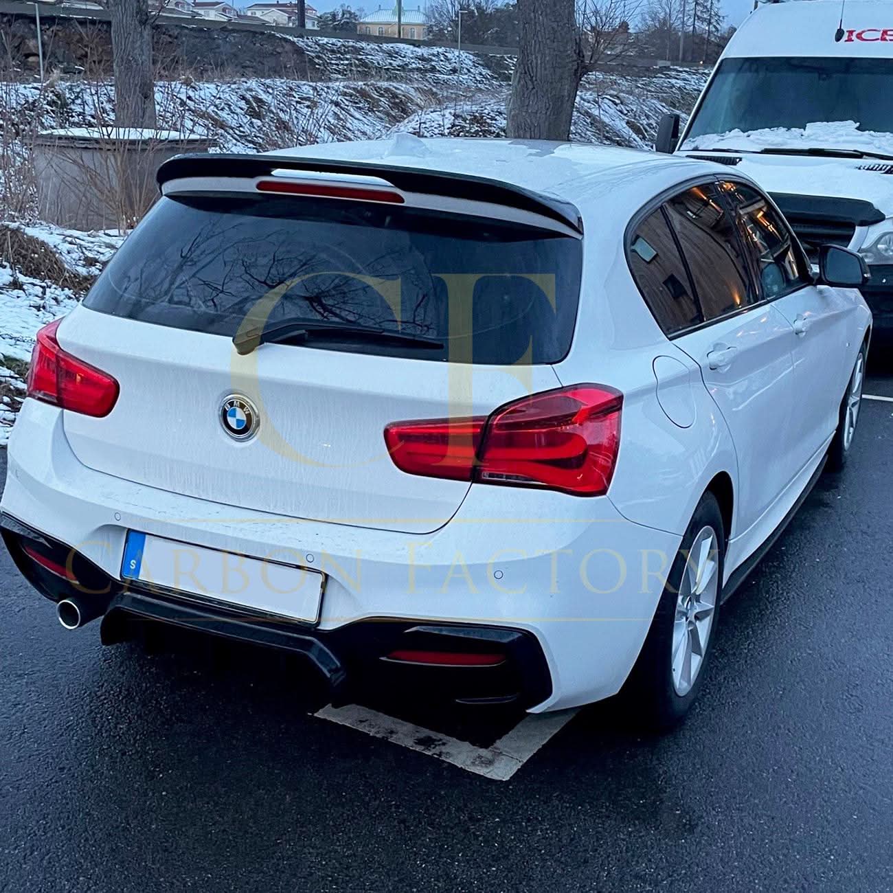 Gloss black MP Style roof spoiler for BMW F20 F21 1 Series, enhances the rear roof with sleek, aerodynamic design.