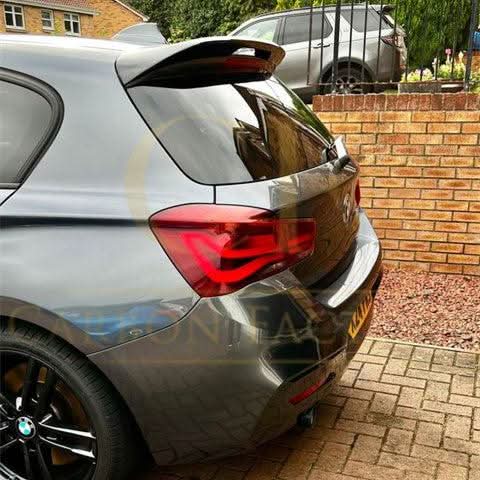 Gloss black roof spoiler for BMW F20 F21 1 Series, style MP, designed for 2011-2019 models, enhances sporty appearance.