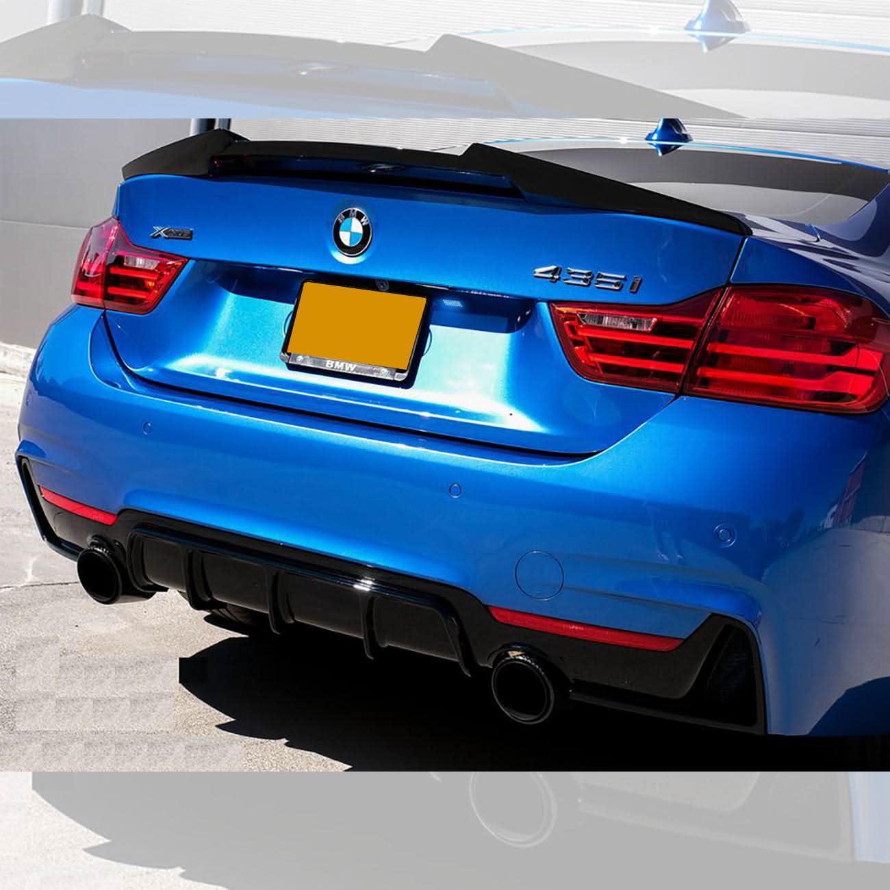 Gloss black V-style boot spoiler for BMW 4 Series F32 coupe, enhances sporty look with aerodynamic design and sleek finish.