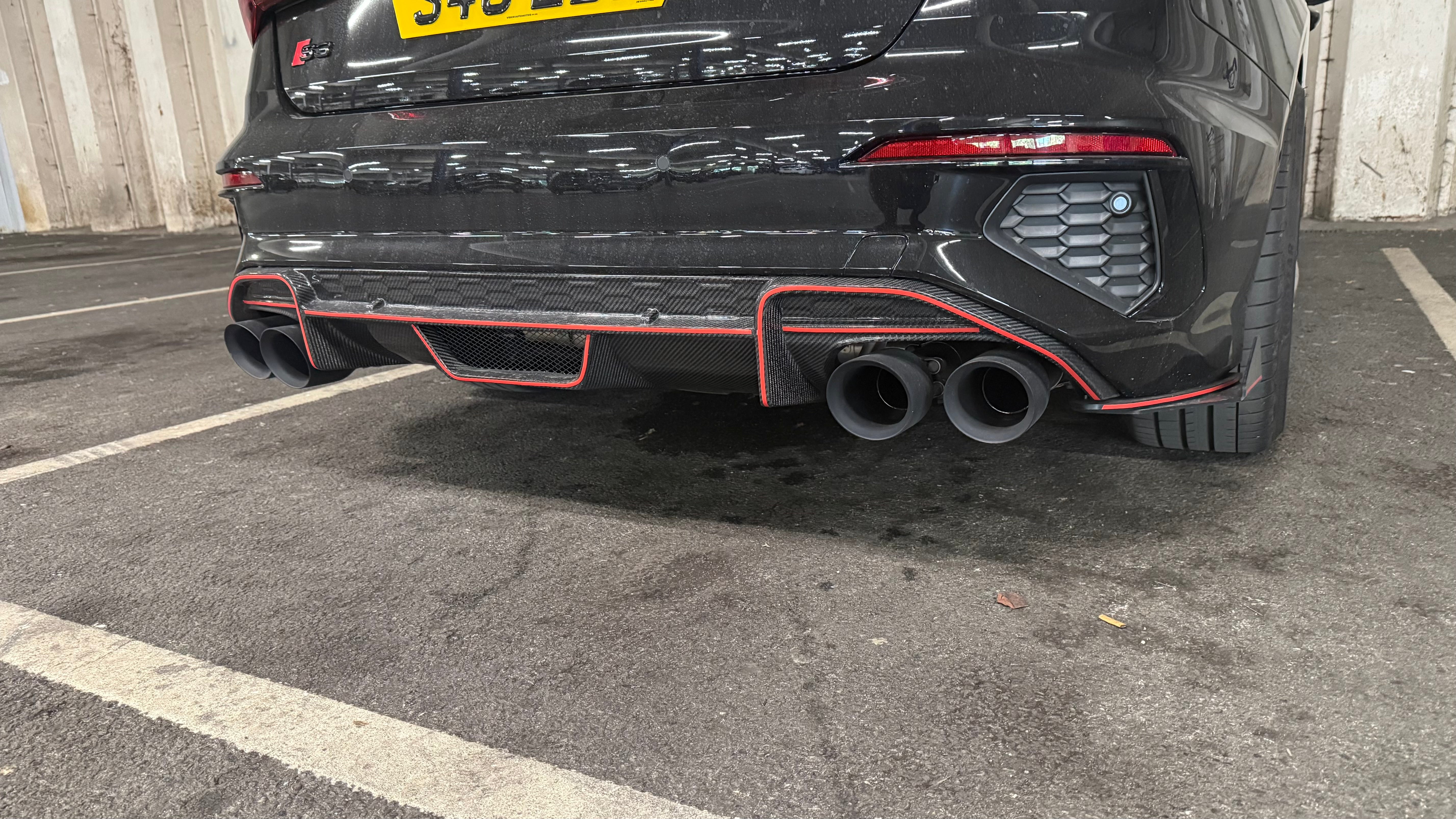 Carbon Fibre rear diffuser for Audi S3 Saloon 2021-present, showcasing its sleek design and aerodynamic features.