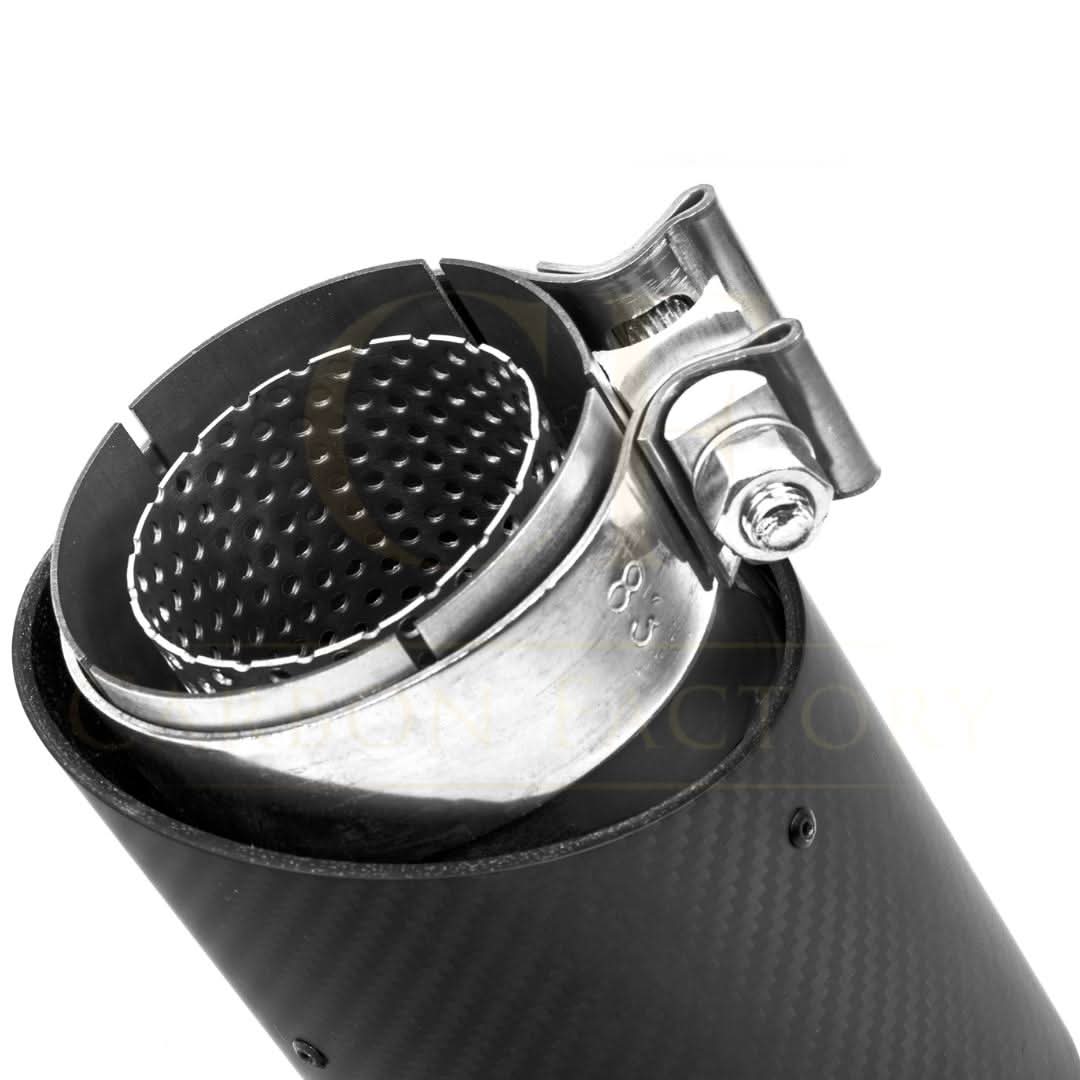 OEM-style Pre-Preg Carbon fibre exhaust tips for BMW G90 G99 M5, showcasing sleek, black carbon fibre finish and chrome tips.