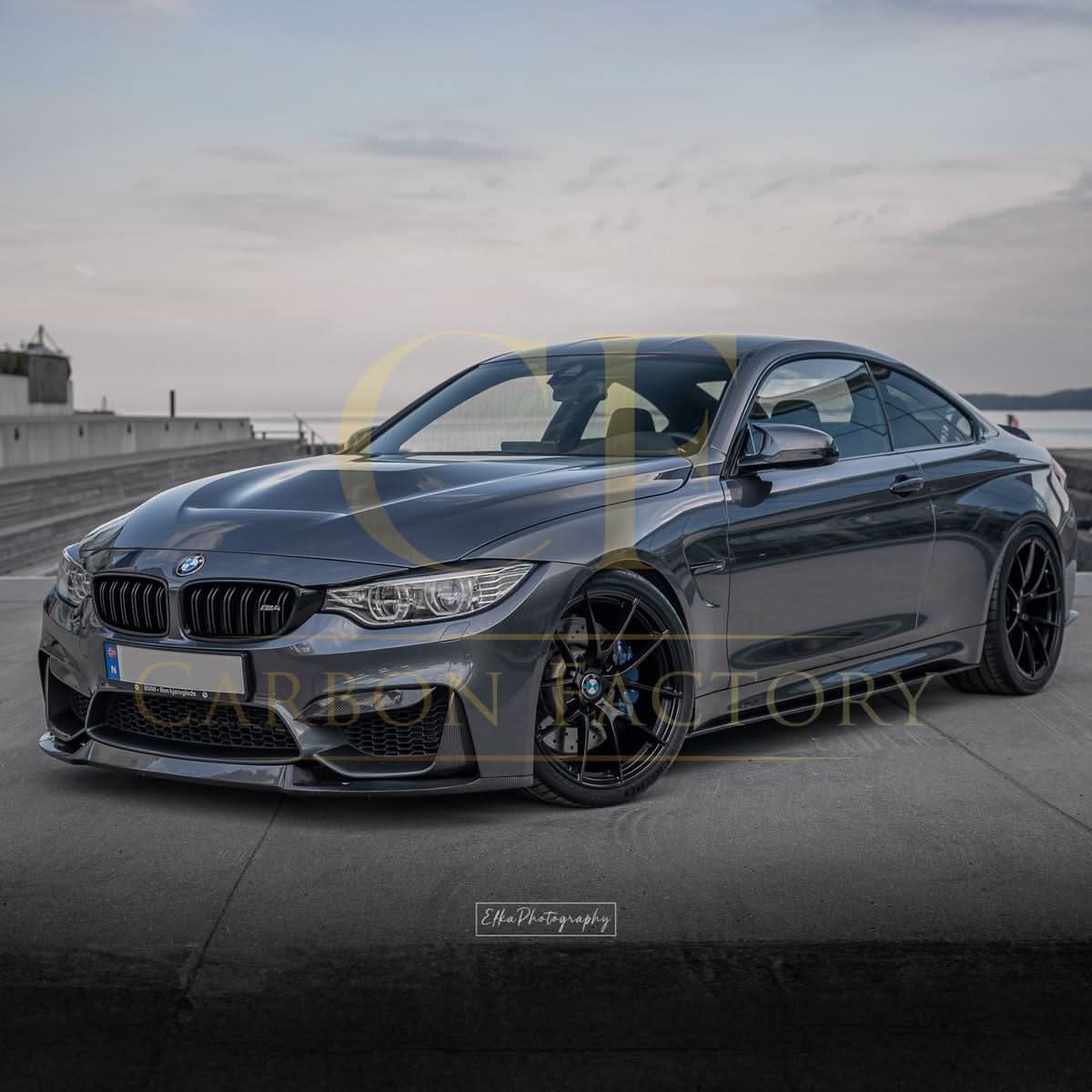 OEM-style carbon fibre front bumper trims for BMW F80 M3, F82 M4, and F83 M4, showing sleek exterior trims on a vehicle.
