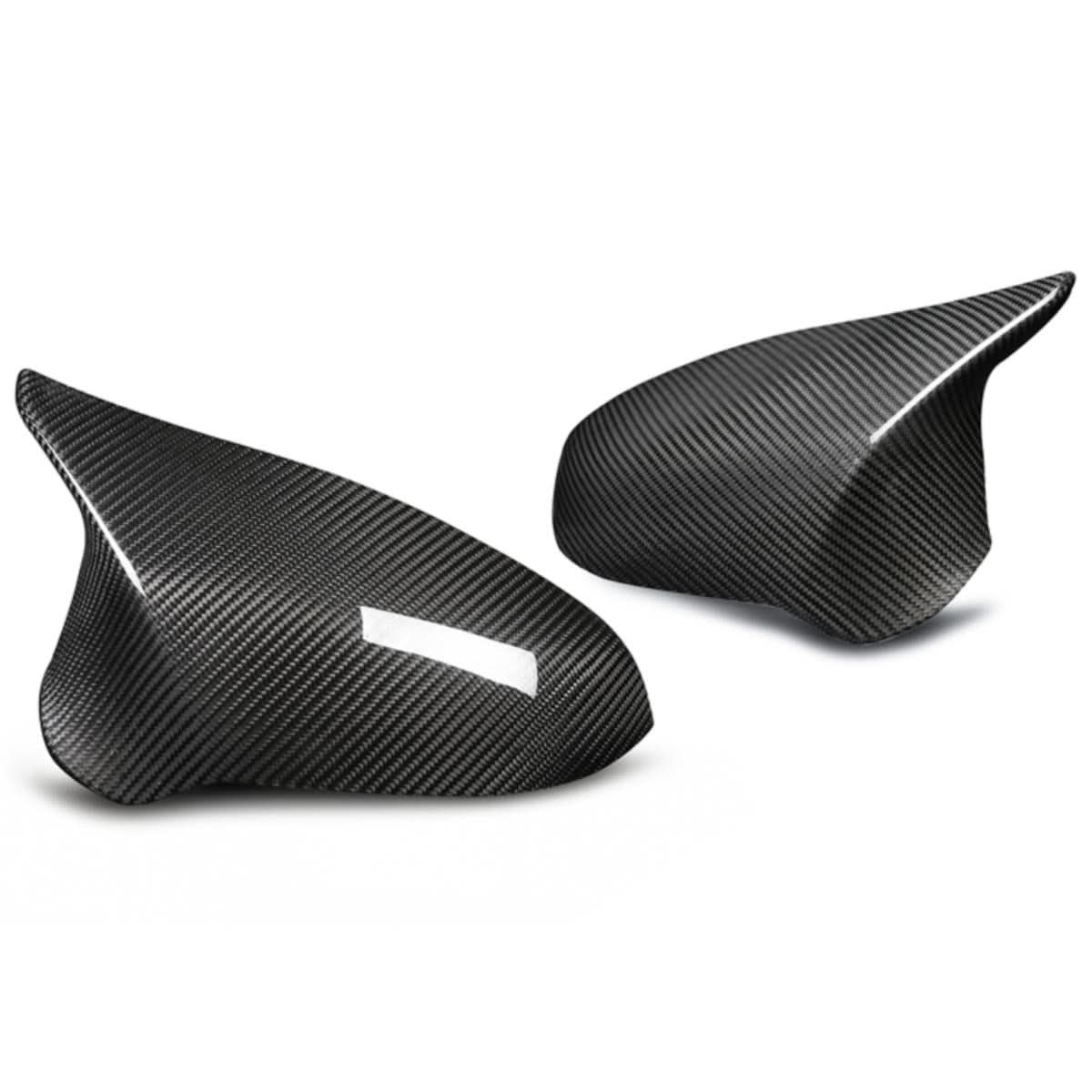 Pre-Preg Carbon Fibre replacement mirror covers for BMW F80 M3, F82 F83 M4, F87 M2 Comp, right-hand drive, sleek carbon finish.
