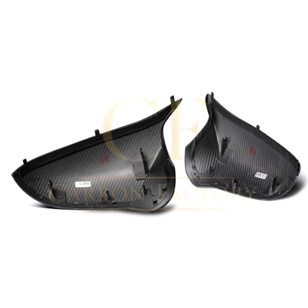 Pre-Preg Carbon Fibre Replacement Mirror Covers for BMW F80 M3, F82 F83 M4, F87 M2 Comp, right-hand drive, front view.