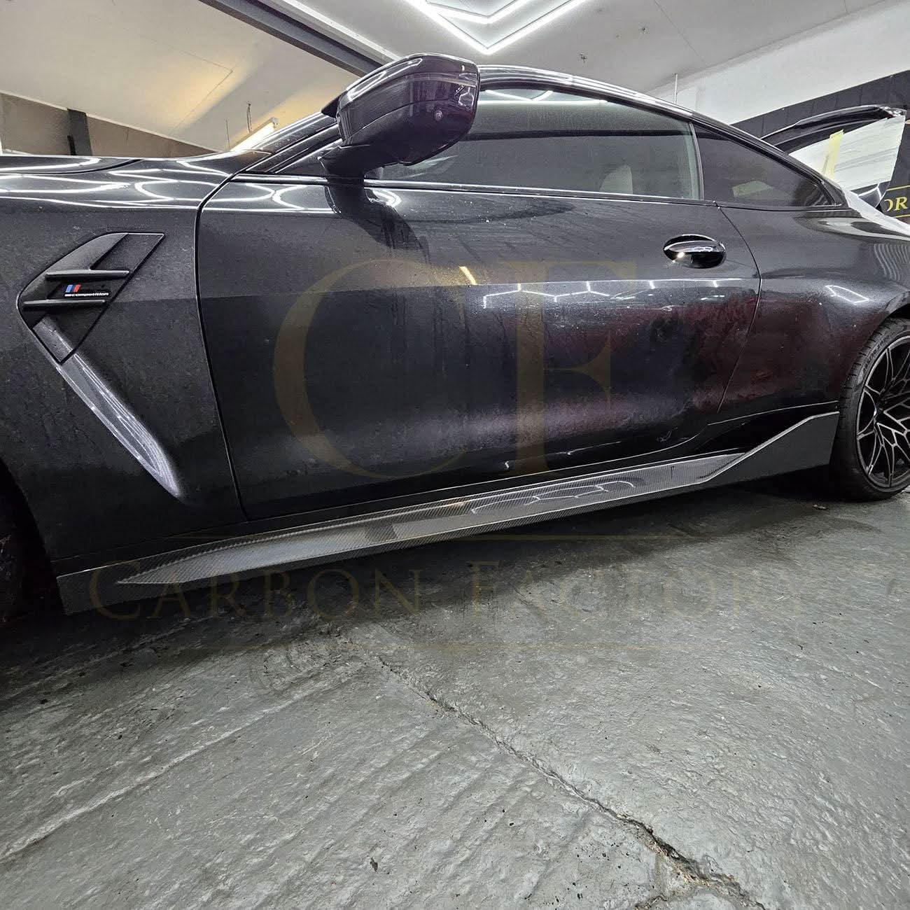 Pre-Preg Carbon fibre side skirts for BMW G82 G83 M4 21-present, showcasing sleek aerodynamic design and carbon fibre finish.