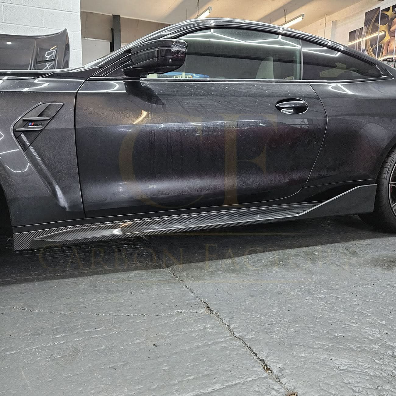 Pre-Preg Carbon fiber side skirts for BMW G82 G83 M4 2021-present, showcasing sleek, aerodynamic design and high-quality material.