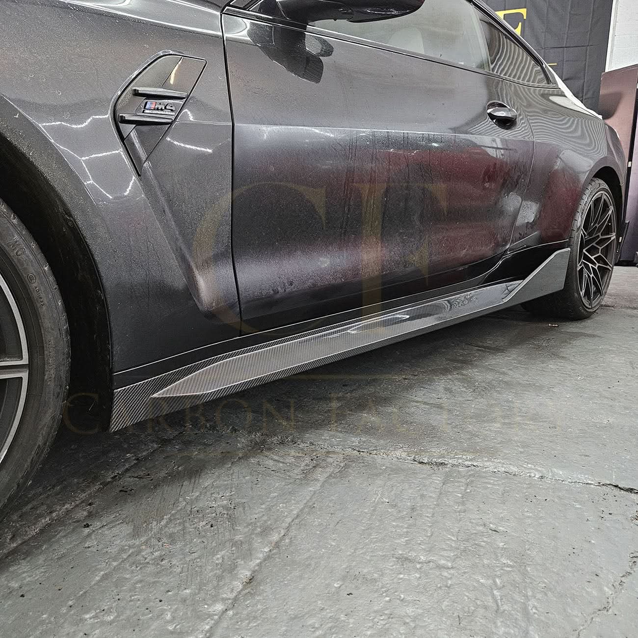 Pre-Preg Carbon fibre side skirts for BMW G82 G83 M4 2021-present, showcasing sleek, aerodynamic design and high-quality material.