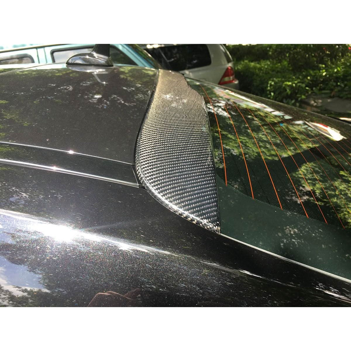 Carbon Fibre roof spoiler for Mercedes Benz W222 S Class Saloon 2014-2020, showcasing sleek aerodynamic design on the vehicle roof.